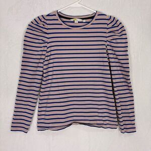 Boden Striped Puff Sleeve Long Sleeve Cotton Top Pink with Blue Stripes Women's